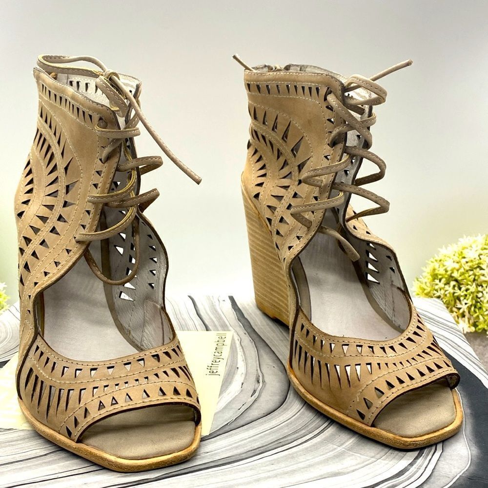 ✨Jeffrey Campbell x Free People Serena Lt Grey Laser Cut Leather Wedge Sandal🌷✨ - Picture 7 of 16